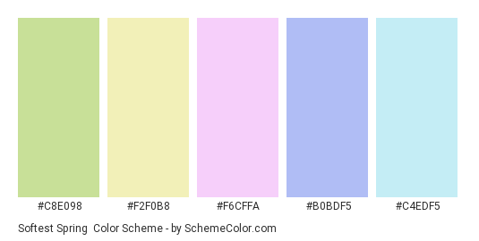 Softest Spring - Color scheme palette thumbnail - #C8E098 #F2F0B8 #F6CFFA #B0BDF5 #C4EDF5 