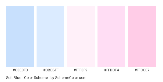 Soft Blue & Pink - Color scheme palette thumbnail - #C8E0FD #DBEBFF #FFF0F9 #FFDDF4 #FFCCE7 