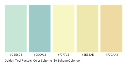 Golden Teal Pastels - Color scheme palette thumbnail - #C8E6D6 #9DC9C6 #F7F7C6 #EEE8AE #F0DAA3 