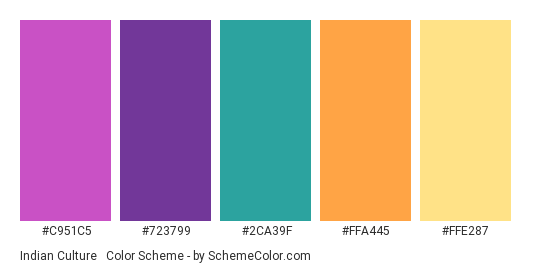 Indian Culture #2 - Color scheme palette thumbnail - #C951C5 #723799 #2CA39F #FFA445 #FFE287 