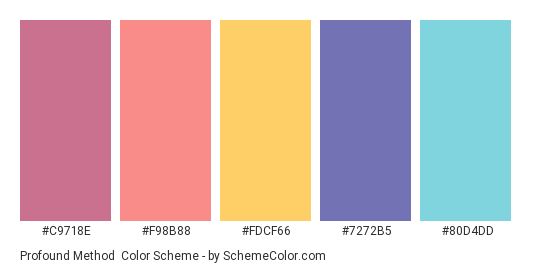 Profound Method - Color scheme palette thumbnail - #C9718E #F98B88 #FDCF66 #7272B5 #80D4DD 