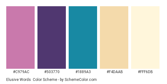 Elusive Words - Color scheme palette thumbnail - #C979AC #503770 #1889A3 #F4DAAB #FFF6DB 