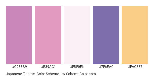 Japanese Theme - Color scheme palette thumbnail - #C988B9 #E39AC1 #FBF0F6 #7F6EAC #FACE87 