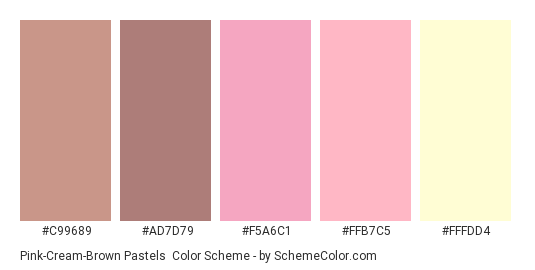 Pink-Cream-Brown Pastels - Color scheme palette thumbnail - #C99689 #AD7D79 #F5A6C1 #FFB7C5 #FFFDD4 