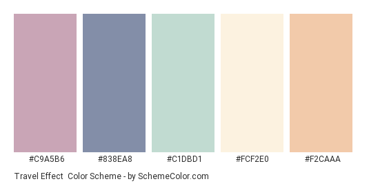 Travel Effect - Color scheme palette thumbnail - #C9A5B6 #838EA8 #C1DBD1 #FCF2E0 #F2CAAA 