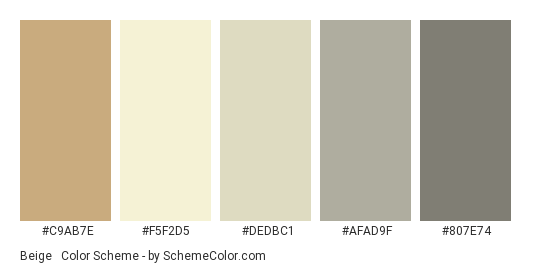 Beige & Gray - Color scheme palette thumbnail - #C9Ab7e #F5F2D5 #DEDBC1 #AFAD9F #807E74 