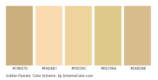 Golden Pastels - Color scheme palette thumbnail - #C9B07D #FADAB1 #F0D39C #DEC98A #D6BD8B 