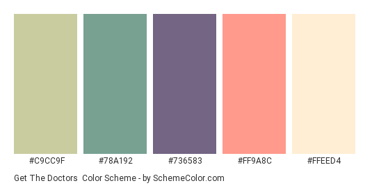 Get the Doctors - Color scheme palette thumbnail - #C9CC9F #78A192 #736583 #FF9A8C #FFEED4 