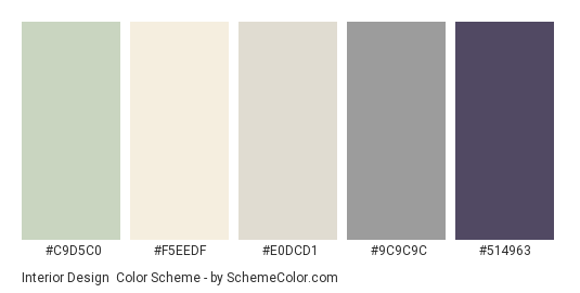 Interior Design - Color scheme palette thumbnail - #C9D5C0 #F5EEDF #E0DCD1 #9C9C9C #514963 