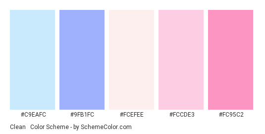 Clean & Beautiful - Color scheme palette thumbnail - #C9EAFC #9FB1FC #FCEFEE #FCCDE3 #FC95C2 