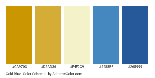 Gold Blue - Color scheme palette thumbnail - #CA9703 #D5Ad36 #F4F2C9 #4488bf #265999 