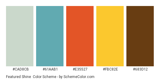 Featured Shine - Color scheme palette thumbnail - #CAD8CB #61AAB1 #E35527 #FBC82E #683D12 