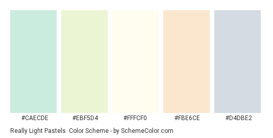 Really Light Pastels - Color scheme palette thumbnail - #CAECDE #EBF5D4 #FFFCF0 #FBE6CE #D4DBE2 