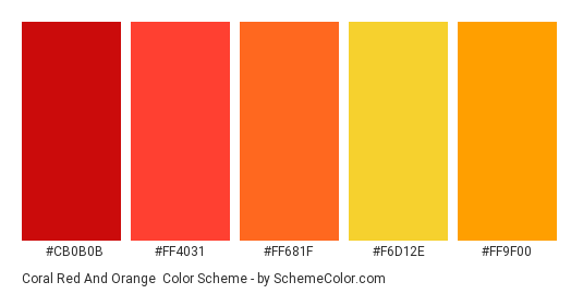 Coral Red and Orange - Color scheme palette thumbnail - #CB0B0B #FF4031 #FF681F #F6D12E #FF9F00 