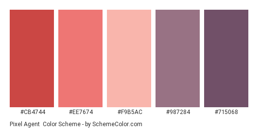 Pixel Agent - Color scheme palette thumbnail - #CB4744 #EE7674 #F9B5AC #987284 #715068 
