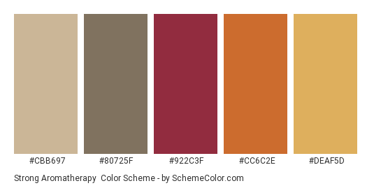 Strong Aromatherapy - Color scheme palette thumbnail - #CBB697 #80725F #922C3F #CC6C2E #DEAF5D 
