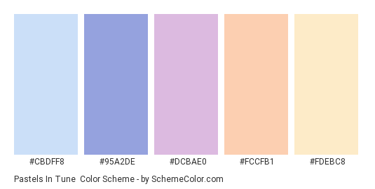 Pastels in Tune - Color scheme palette thumbnail - #CBDFF8 #95A2DE #DCBAE0 #FCCFB1 #FDEBC8 