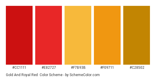 Gold and Royal Red - Color scheme palette thumbnail - #CC1111 #E82727 #F7B93B #F09711 #C28502 