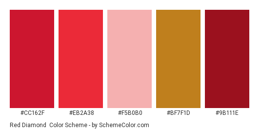 Red Diamond - Color scheme palette thumbnail - #CC162F #EB2A38 #F5B0B0 #BF7F1D #9B111E 