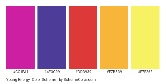 Young Energy - Color scheme palette thumbnail - #CC1FA1 #4E3C99 #DD3939 #F7B539 #F7F263 