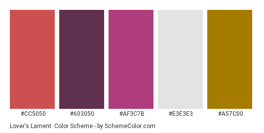 Lover’s Lament - Color scheme palette thumbnail - #CC5050 #603050 #AF3C7B #E3E3E3 #A57C00 