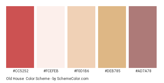 Old House - Color scheme palette thumbnail - #CC5252 #FCEFEB #F0D1B6 #DEB785 #AD7A78 