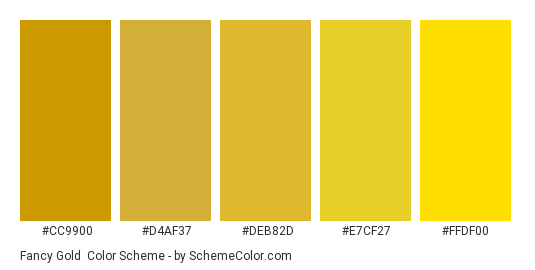 Fancy Gold - Color scheme palette thumbnail - #CC9900 #D4AF37 #DEB82D #E7CF27 #FFDF00 