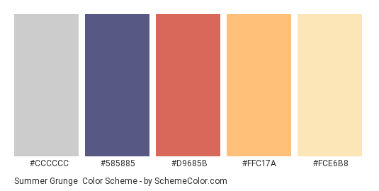 Summer Grunge - Color scheme palette thumbnail - #CCCCCC #585885 #D9685B #FFC17A #FCE6B8 