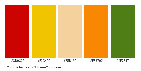 Fresh Food - Color scheme palette thumbnail - #CD0302 #F0C400 #F5D19D #F88702 #4F7E17 
