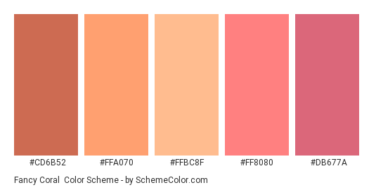 Fancy Coral - Color scheme palette thumbnail - #CD6B52 #FFA070 #FFBC8F #FF8080 #DB677A 