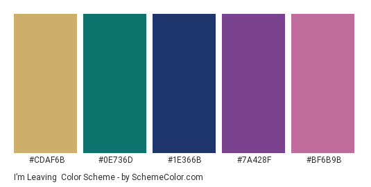 I’m Leaving - Color scheme palette thumbnail - #CDAF6B #0E736D #1E366B #7A428F #BF6B9B 