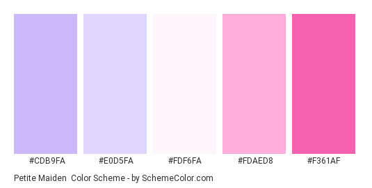 Petite Maiden - Color scheme palette thumbnail - #CDB9FA #E0D5FA #FDF6FA #FDAED8 #F361AF 