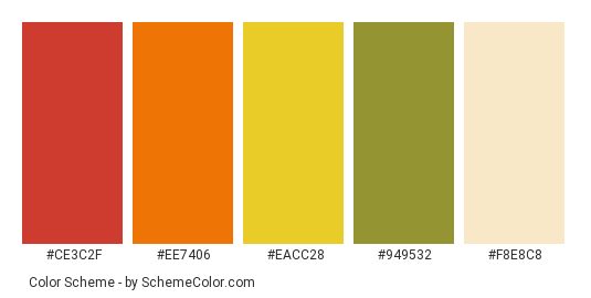 Ethnic Hat - Color scheme palette thumbnail - #CE3C2F #EE7406 #EACC28 #949532 #F8E8C8 