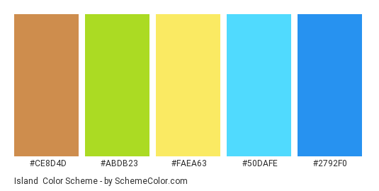 Island - Color scheme palette thumbnail - #CE8D4D #ABDB23 #FAEA63 #50DAFE #2792F0 