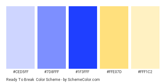 Ready to Break - Color scheme palette thumbnail - #CED5FF #7D8FFF #1F3FFF #FFE07D #FFF1C2 