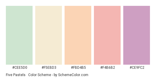 Five Pastels #2 - Color scheme palette thumbnail - #CEE5D0 #F5EBD3 #FBD4B5 #F4B6B2 #CE9FC2 