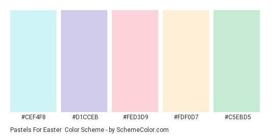 Pastels for Easter - Color scheme palette thumbnail - #CEF4F8 #D1CCEB #FED3D9 #FDF0D7 #C5EBD5 