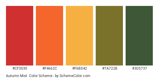 Autumn Mist - Color scheme palette thumbnail - #CF3030 #F4662C #F6B042 #7A722B #3D5737 