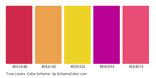 True Lovers - Color scheme palette thumbnail - #D02A4B #EBA14D #EDD326 #B80094 #E84D76 