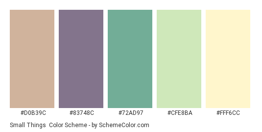 Small Things - Color scheme palette thumbnail - #D0B39C #83748C #72AD97 #CFE8BA #FFF6CC 