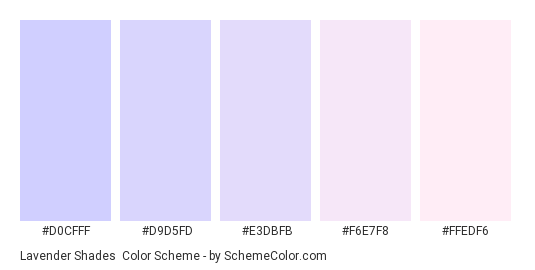 Lavender Shades - Color scheme palette thumbnail - #D0CFFF #D9D5FD #E3DBFB #F6E7F8 #FFEDF6 