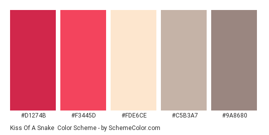 Kiss of a Snake - Color scheme palette thumbnail - #D1274B #F3445D #FDE6CE #C5B3A7 #9A8680 