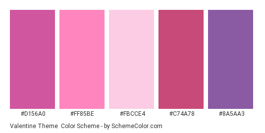 Valentine Theme - Color scheme palette thumbnail - #D156A0 #FF85BE #FBCCE4 #C74A78 #8A5AA3 