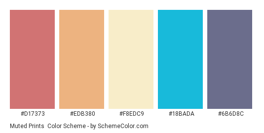 Muted Prints - Color scheme palette thumbnail - #D17373 #EDB380 #F8EDC9 #18BADA #6B6D8C 