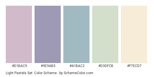 Light Pastels Set - Color scheme palette thumbnail - #D1BAC9 #9E9AB5 #A1BAC2 #D3DFCB #F7ECD7 