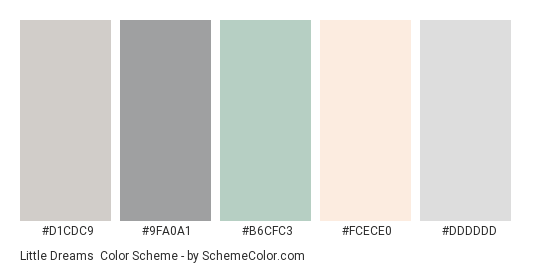 Little Dreams - Color scheme palette thumbnail - #D1CDC9 #9FA0A1 #B6CFC3 #FCECE0 #DDDDDD 