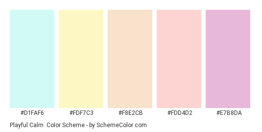 Playful Calm - Color scheme palette thumbnail - #D1FAF6 #FDF7C3 #F8E2CB #FDD4D2 #E7B8DA 