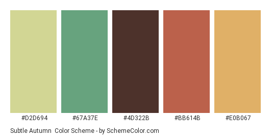 Subtle Autumn - Color scheme palette thumbnail - #D2D694 #67A37E #4D322B #BB614B #E0B067 
