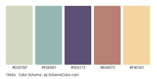1960s #1 - Color scheme palette thumbnail - #D2D7BF #93B8B1 #5D5173 #B68073 #F4D3A1 