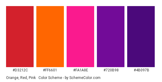 Orange, Red, Pink & Purple - Color scheme palette thumbnail - #D3212C #FF6601 #FA1A8E #720B98 #4B097B 